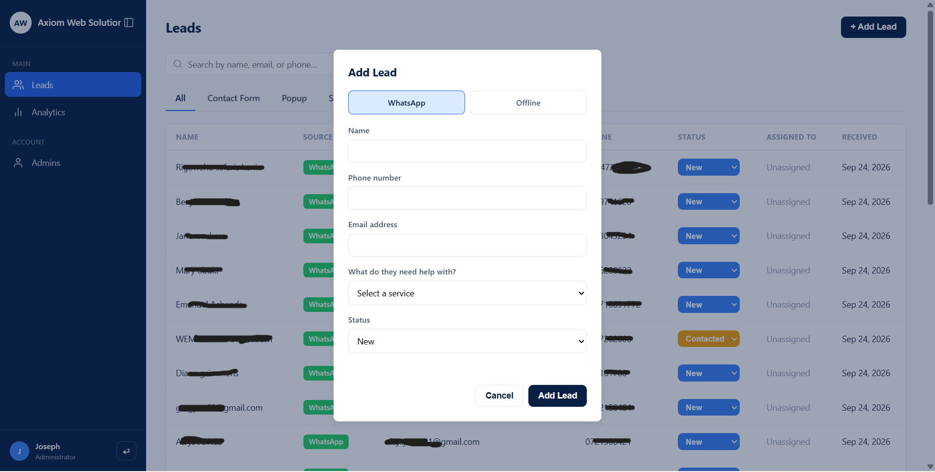 Axiom CRM add lead form