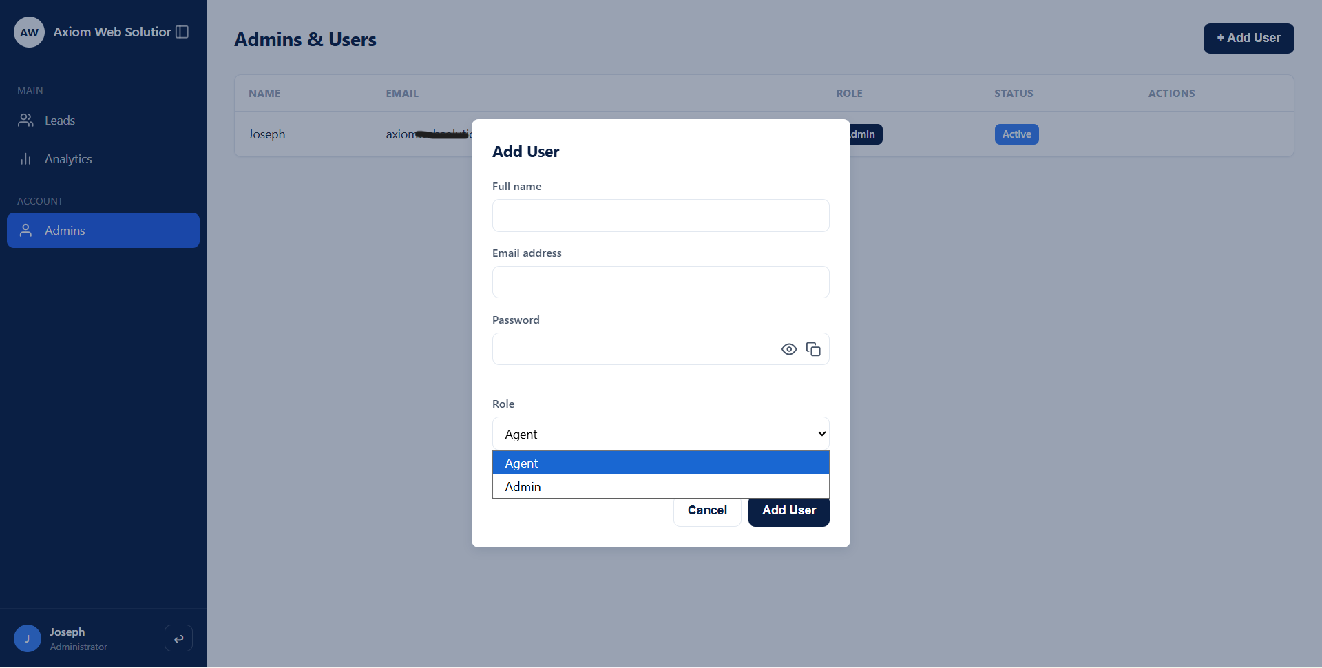 Axiom CRM admin and users page