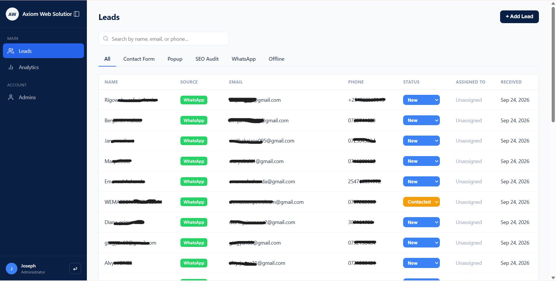 Axiom CRM dashboard, leads list view