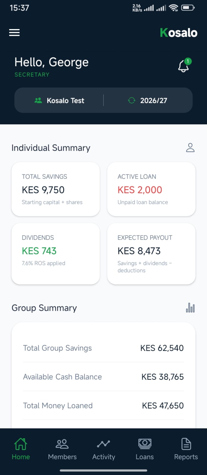 Kosalo home screen