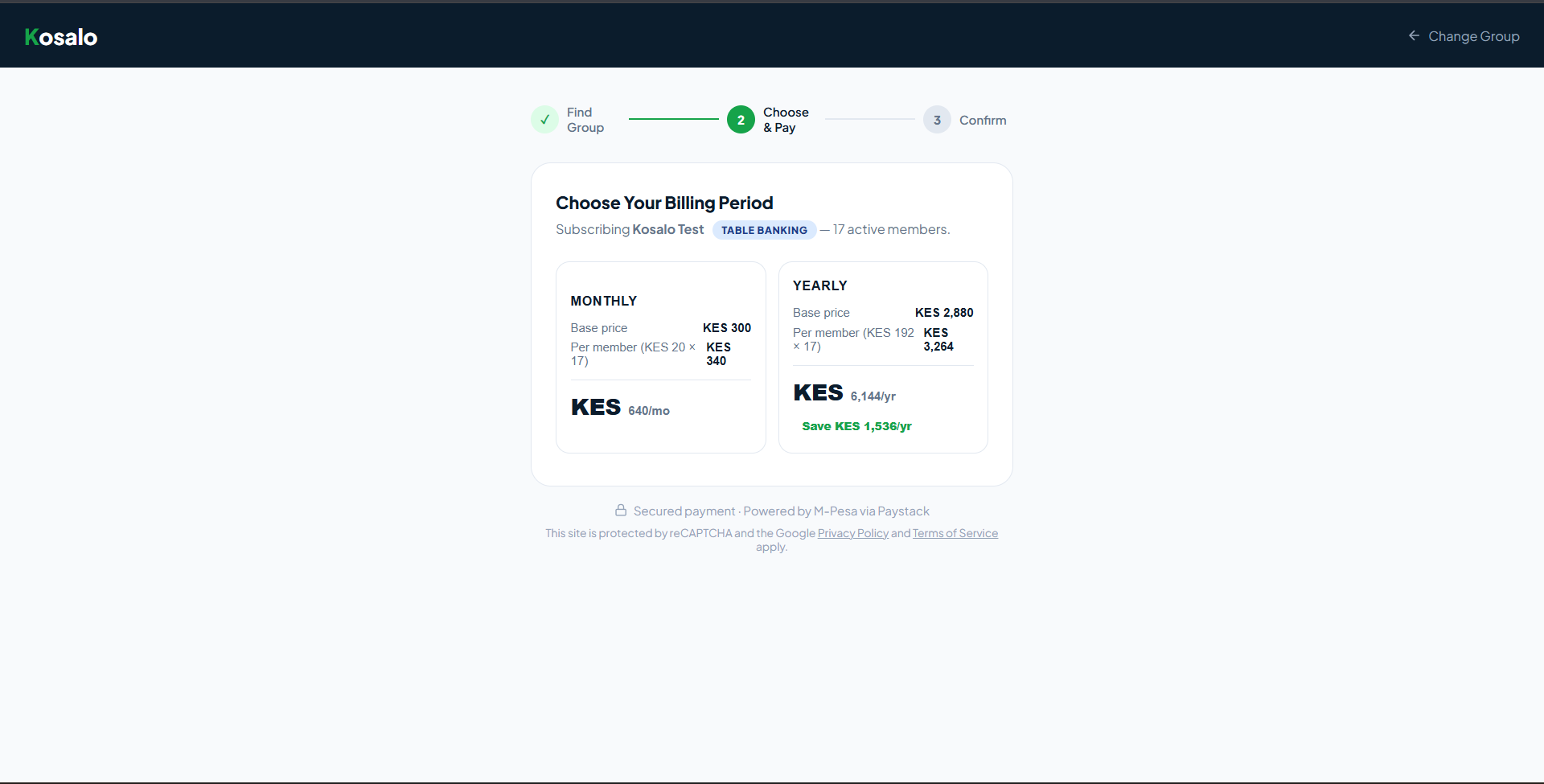 Kosalo checkout, choose and pay step