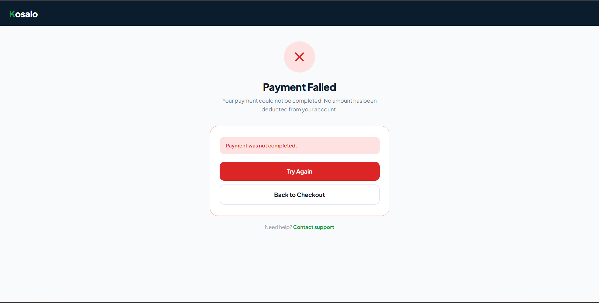 Kosalo checkout, payment result screen showing a failed payment